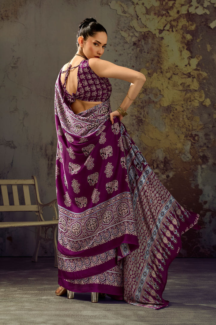 Graceful Satin Fabric Purple Ajrakh Printed Saree