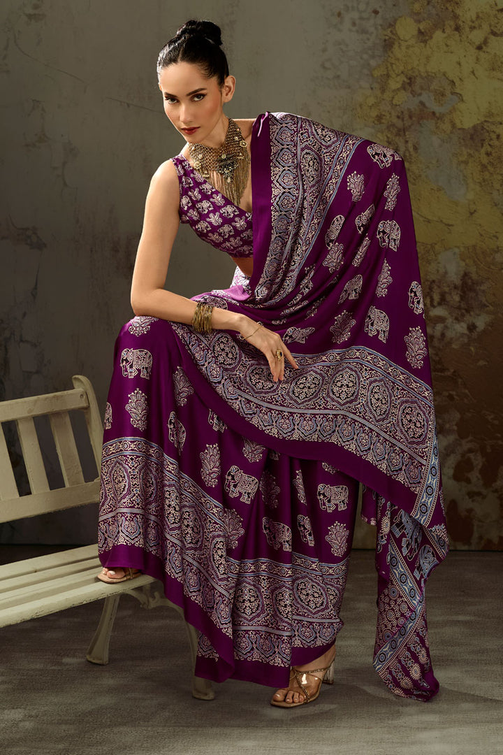 Graceful Satin Fabric Purple Ajrakh Printed Saree