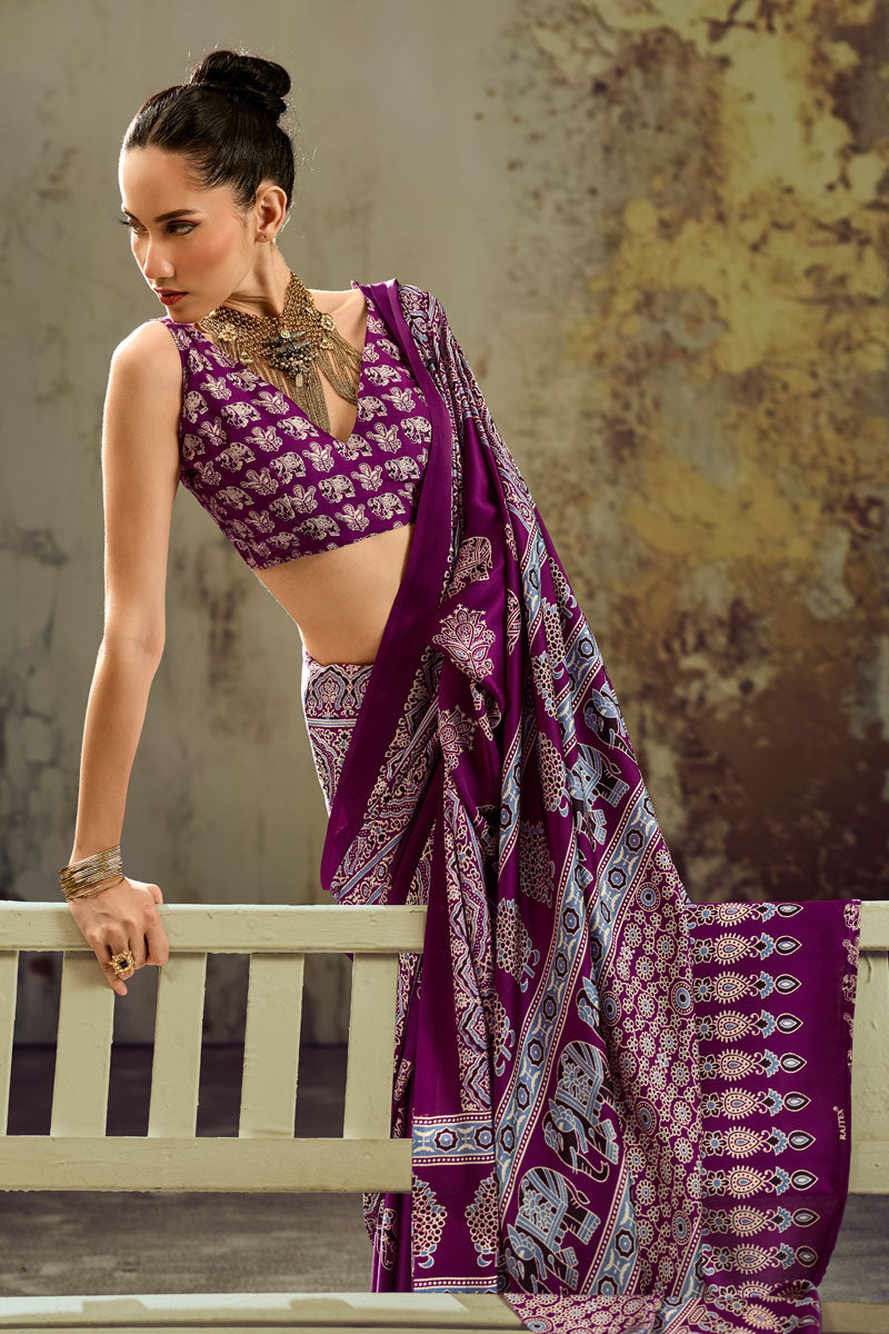 Graceful Satin Fabric Purple Ajrakh Printed Saree