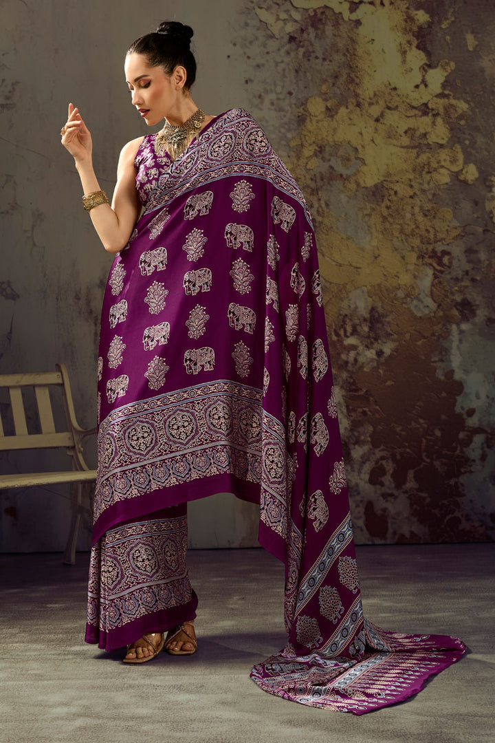 Graceful Satin Fabric Purple Ajrakh Printed Saree