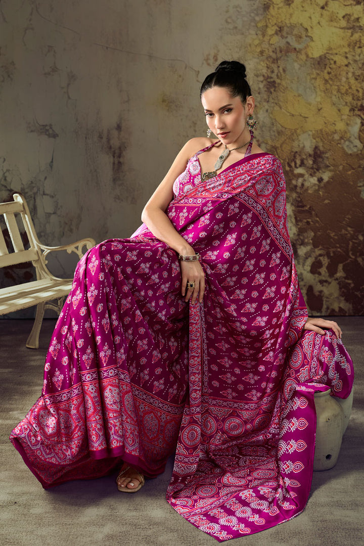 Elegant Ajrakh Printed Magenta Color Satin Saree