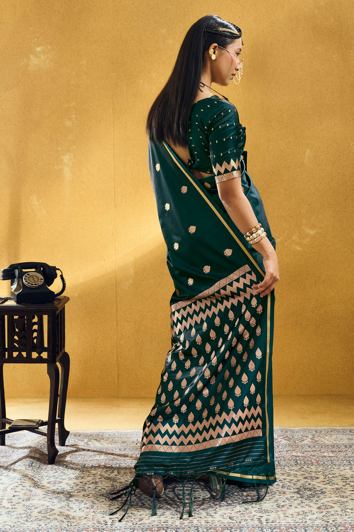 Blazing Green Color Satin Handloom Weaving Saree
