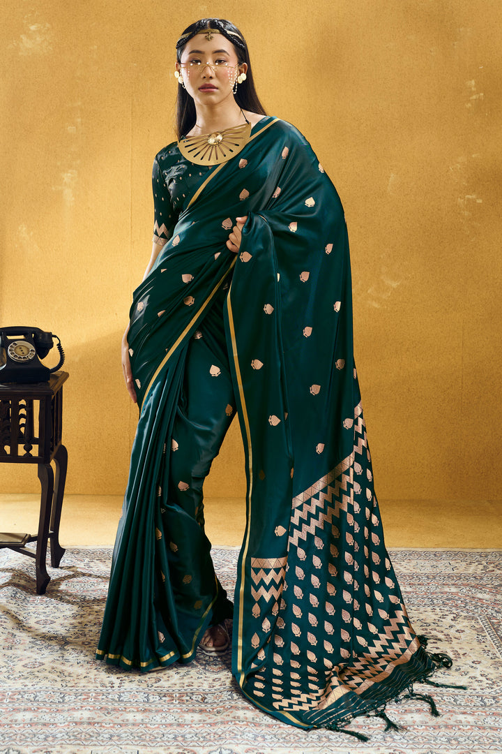 Blazing Green Color Satin Handloom Weaving Saree