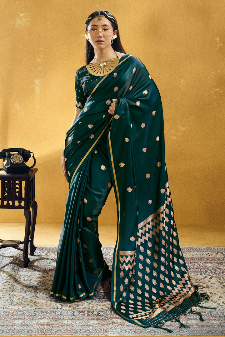 Blazing Green Color Satin Handloom Weaving Saree
