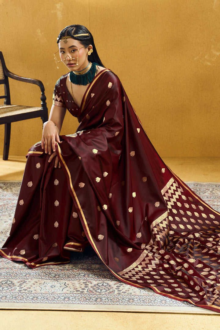 Maroon Color Glamorous Satin Handloom Weaving Saree