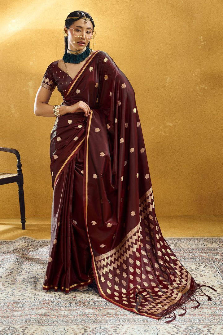 Maroon Color Glamorous Satin Handloom Weaving Saree