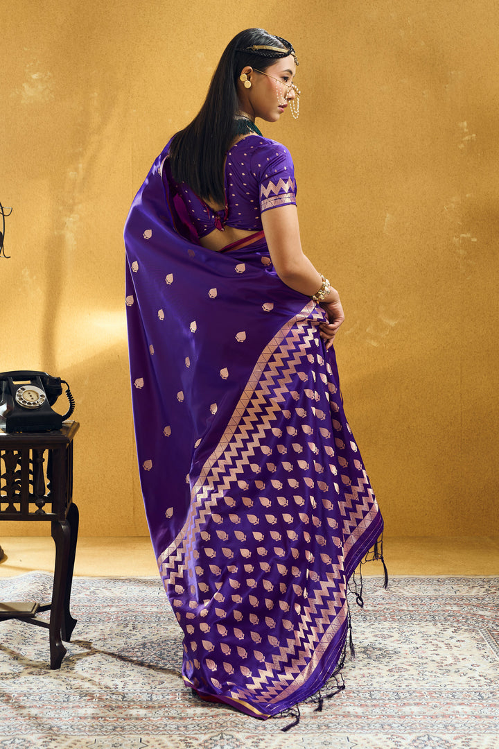 Purple Color Exquisite Satin Handloom Weaving Saree