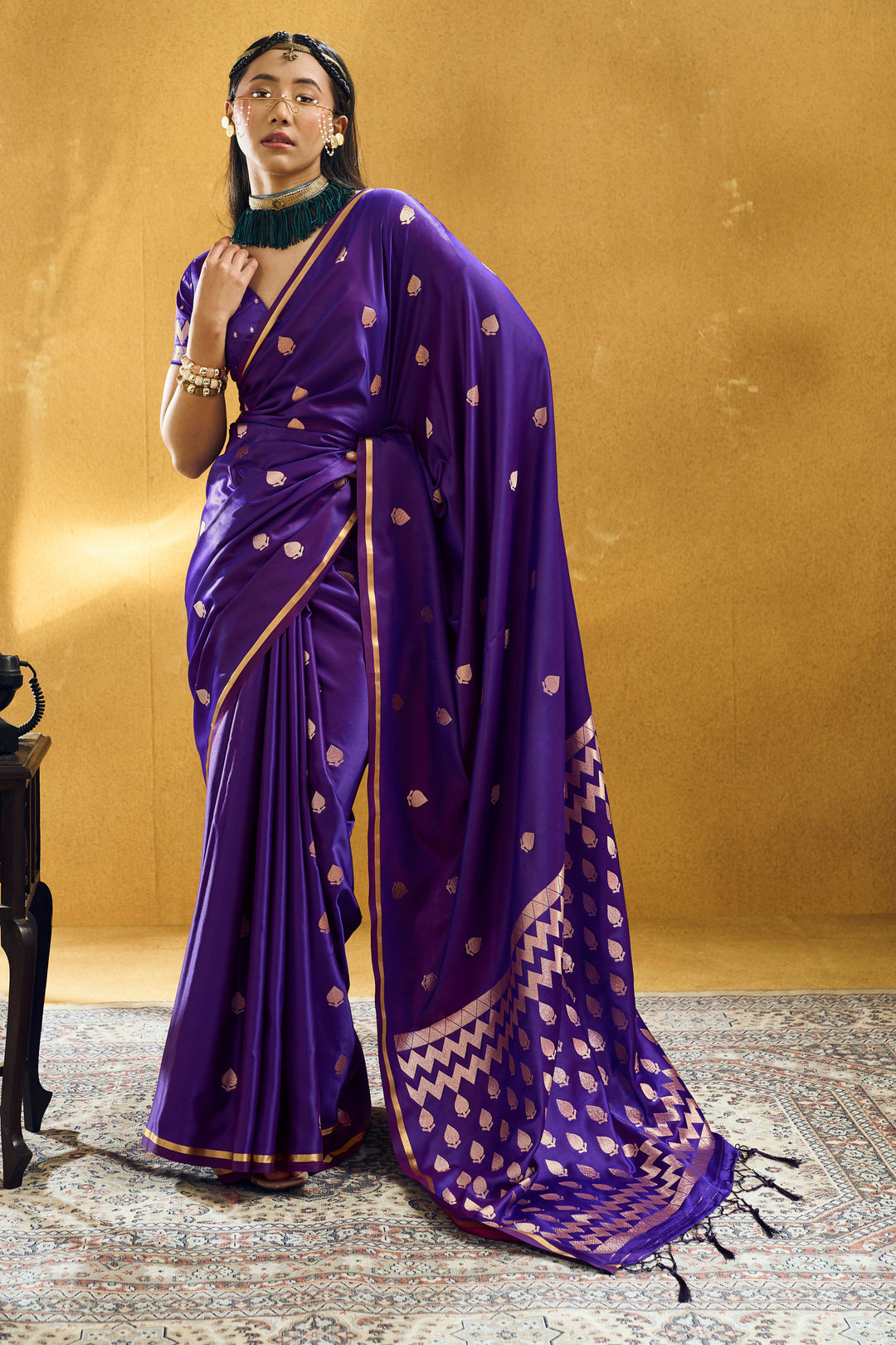 Purple Color Exquisite Satin Handloom Weaving Saree