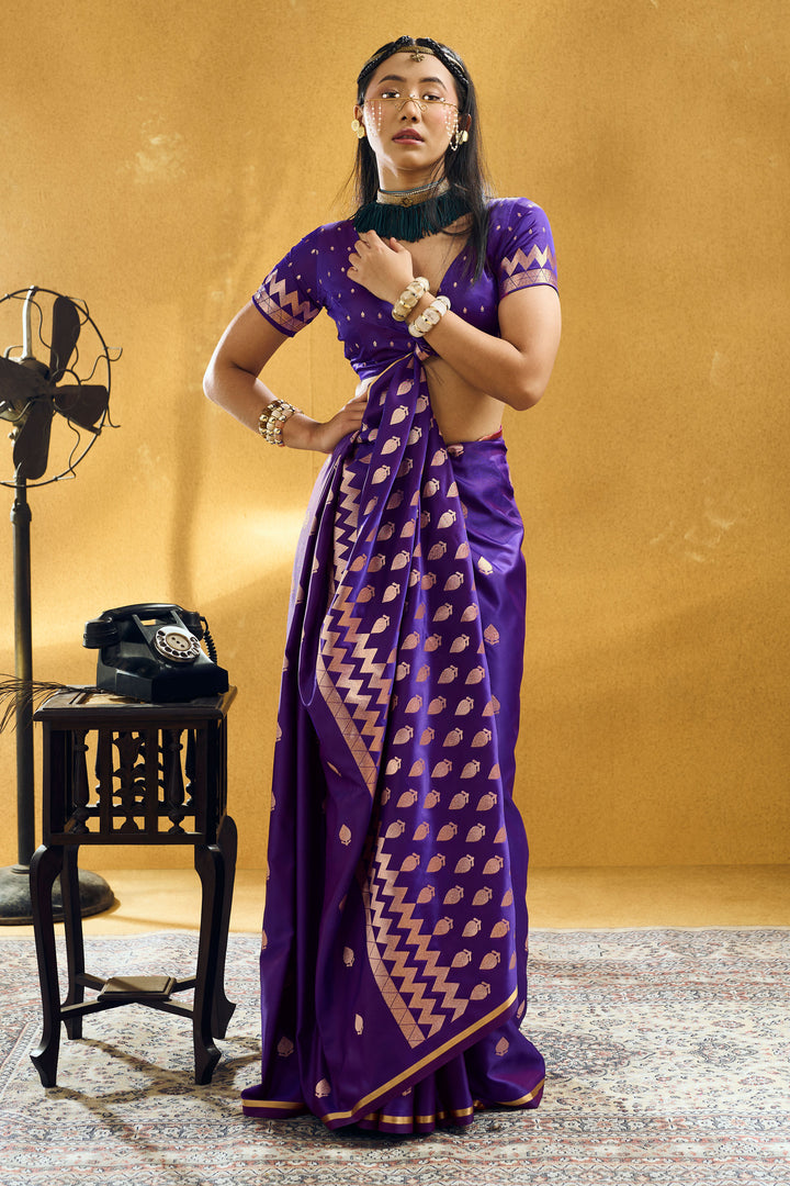Purple Color Exquisite Satin Handloom Weaving Saree