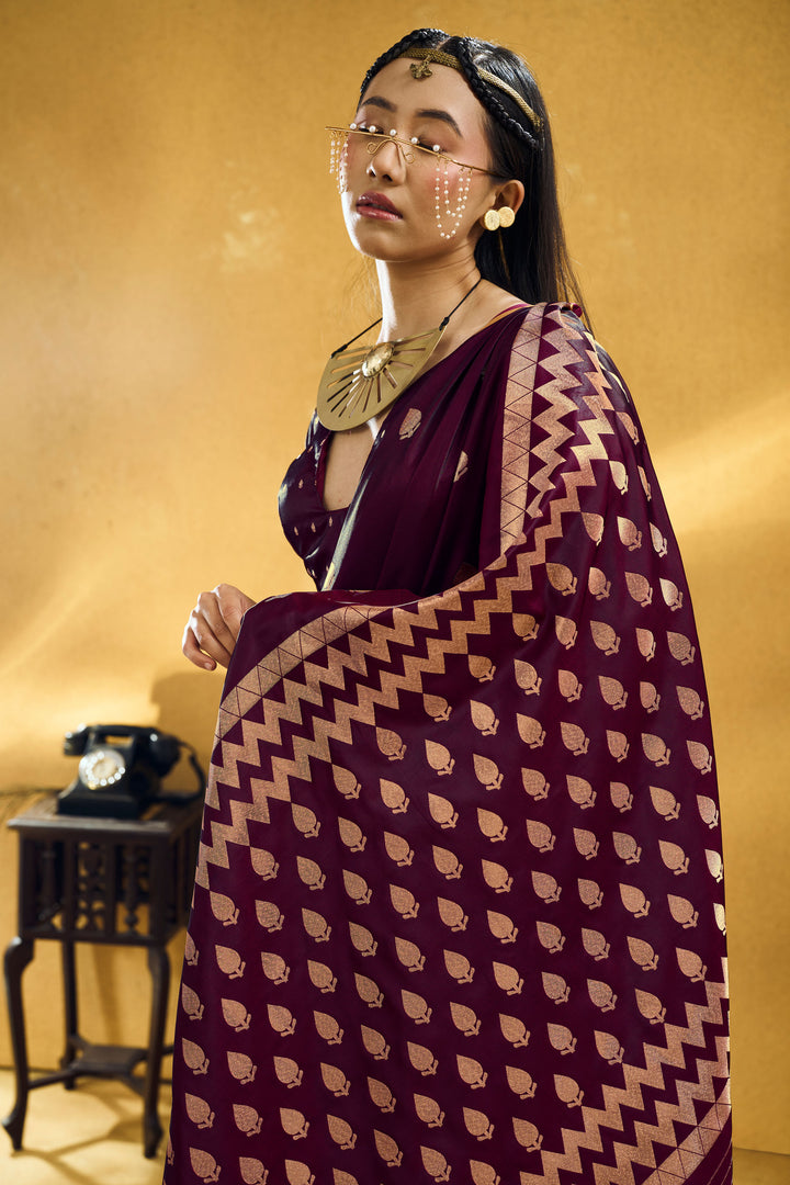 Attractive Satin Handloom Weaving Saree In Brown Color