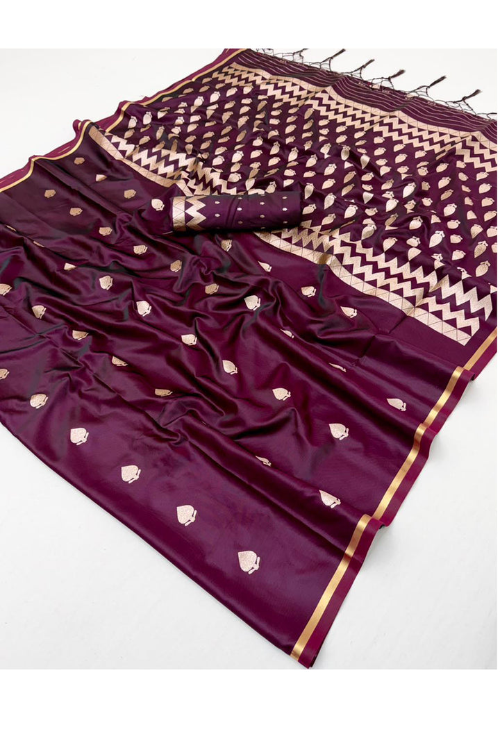 Attractive Satin Handloom Weaving Saree In Brown Color