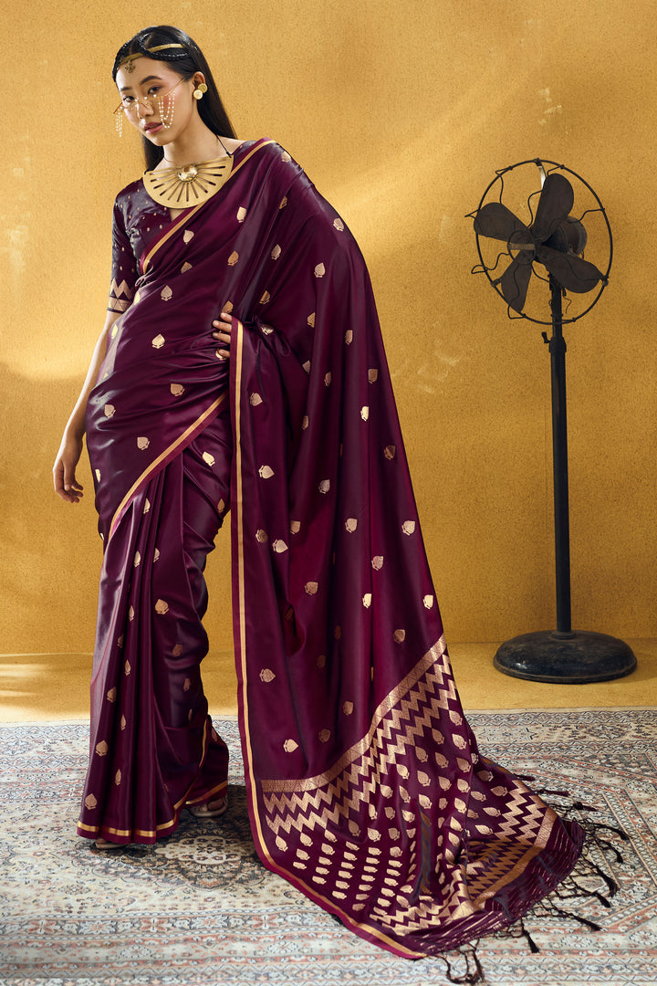 Attractive Satin Handloom Weaving Saree In Brown Color