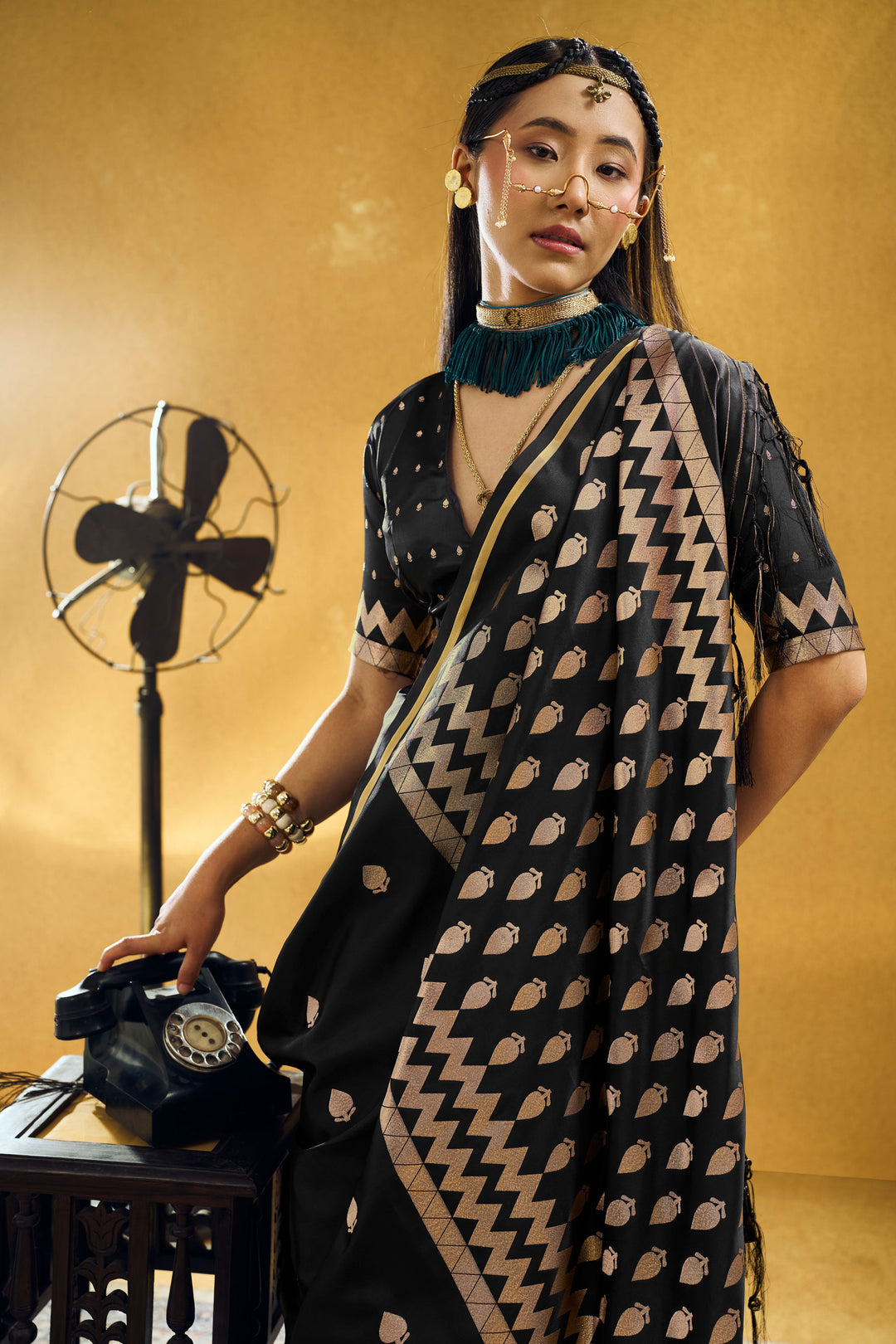 Alluring Black Color Satin Handloom Weaving Saree