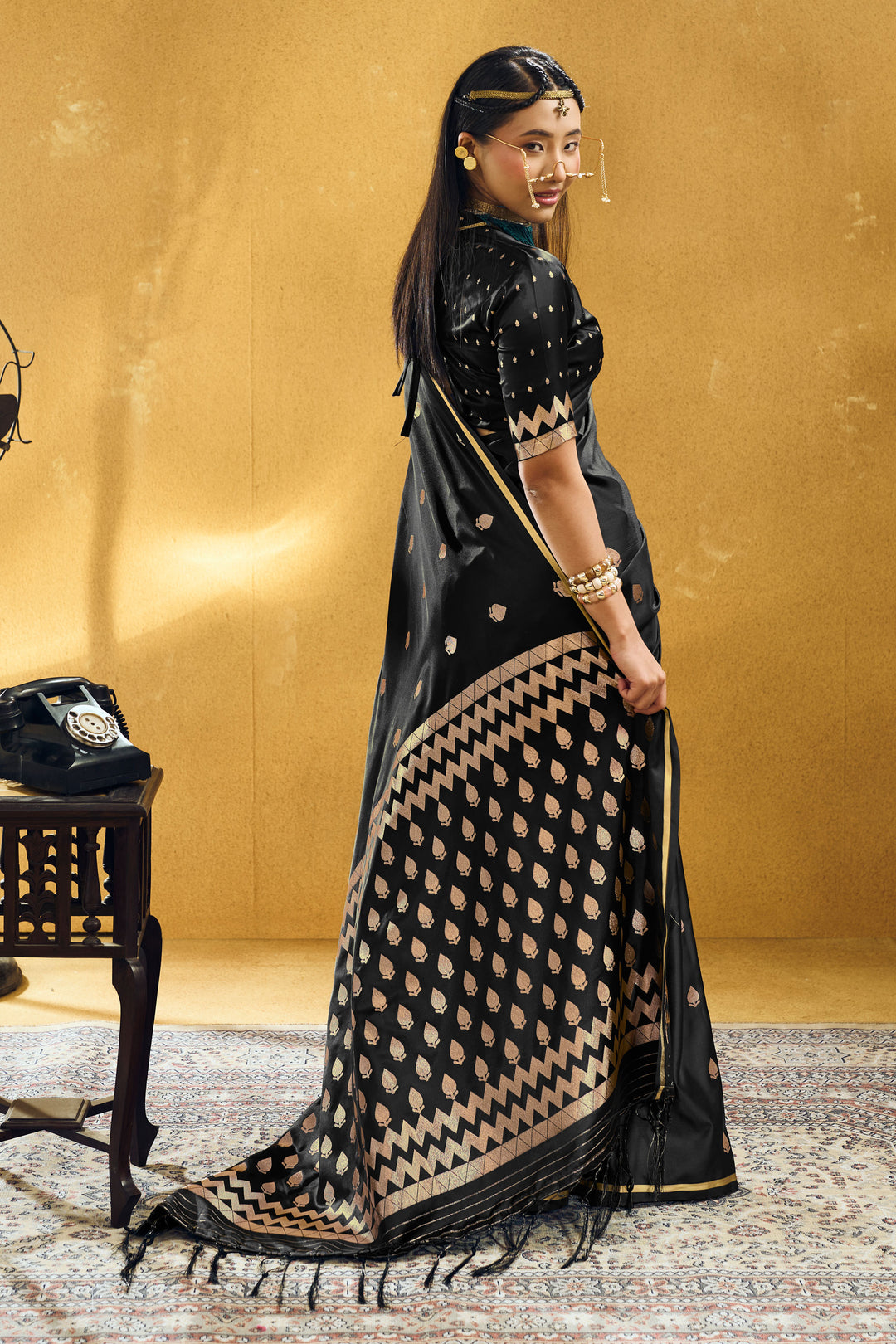 Alluring Black Color Satin Handloom Weaving Saree