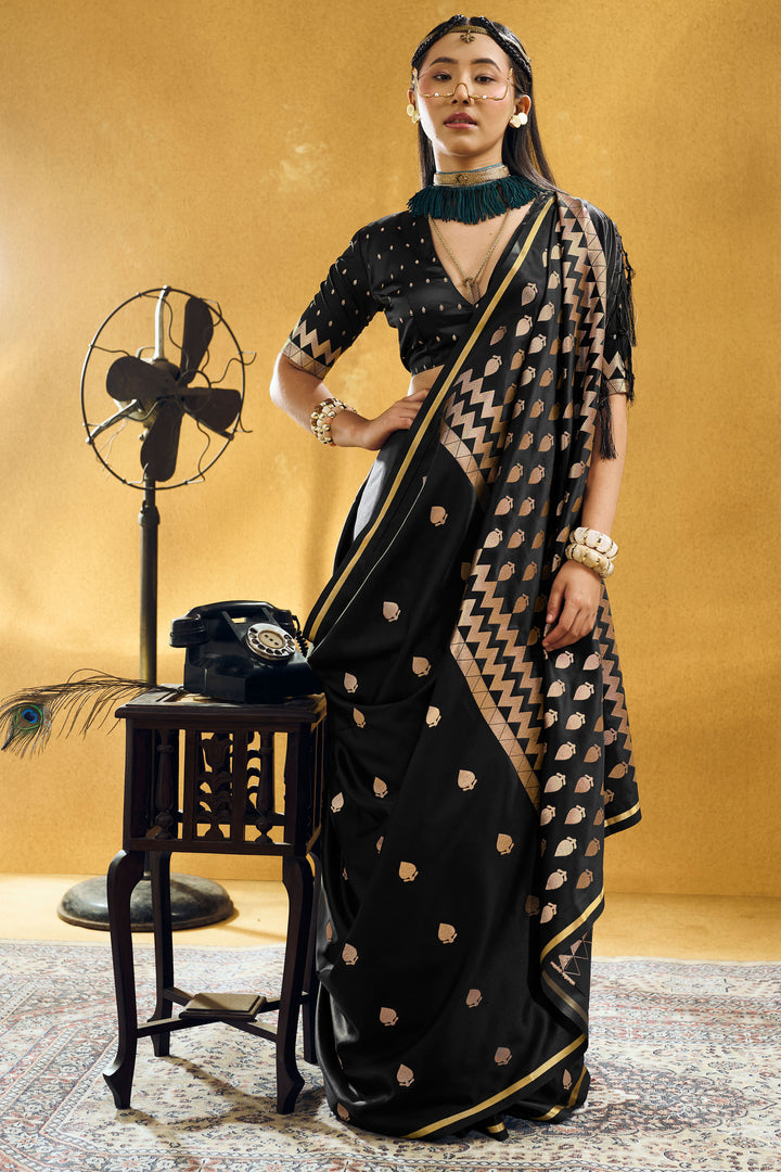 Alluring Black Color Satin Handloom Weaving Saree