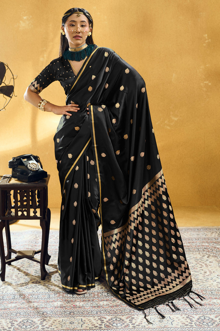 Alluring Black Color Satin Handloom Weaving Saree