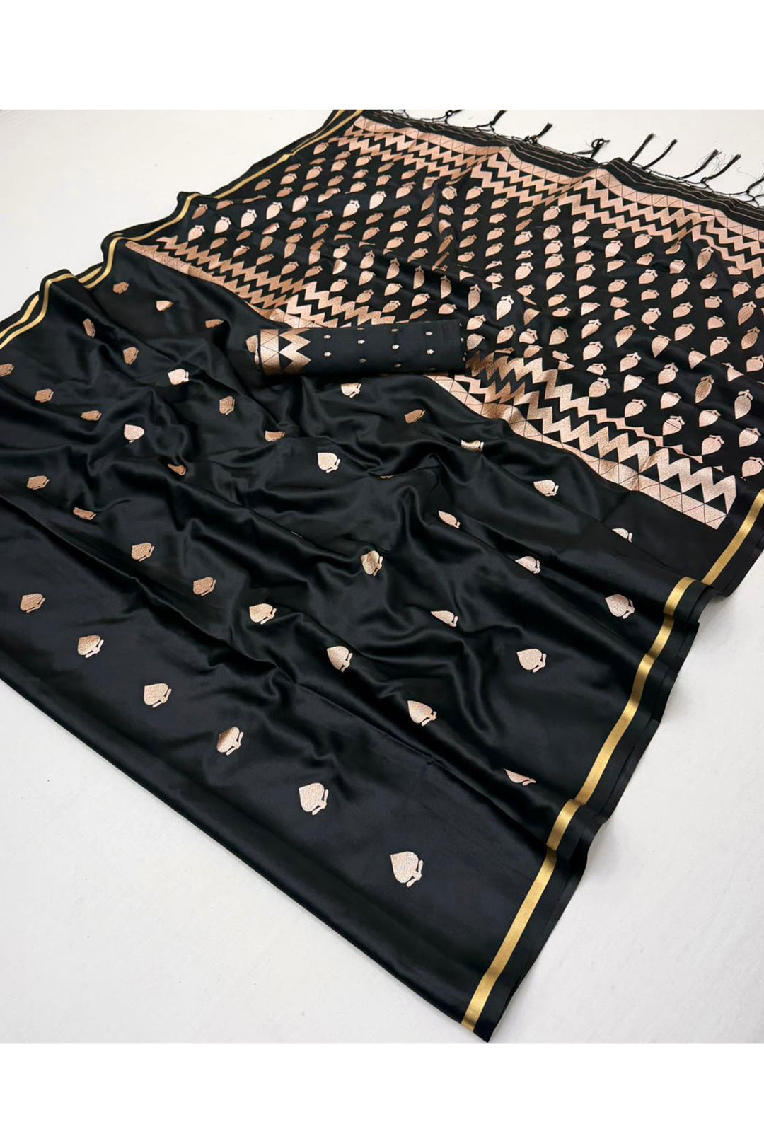 Alluring Black Color Satin Handloom Weaving Saree