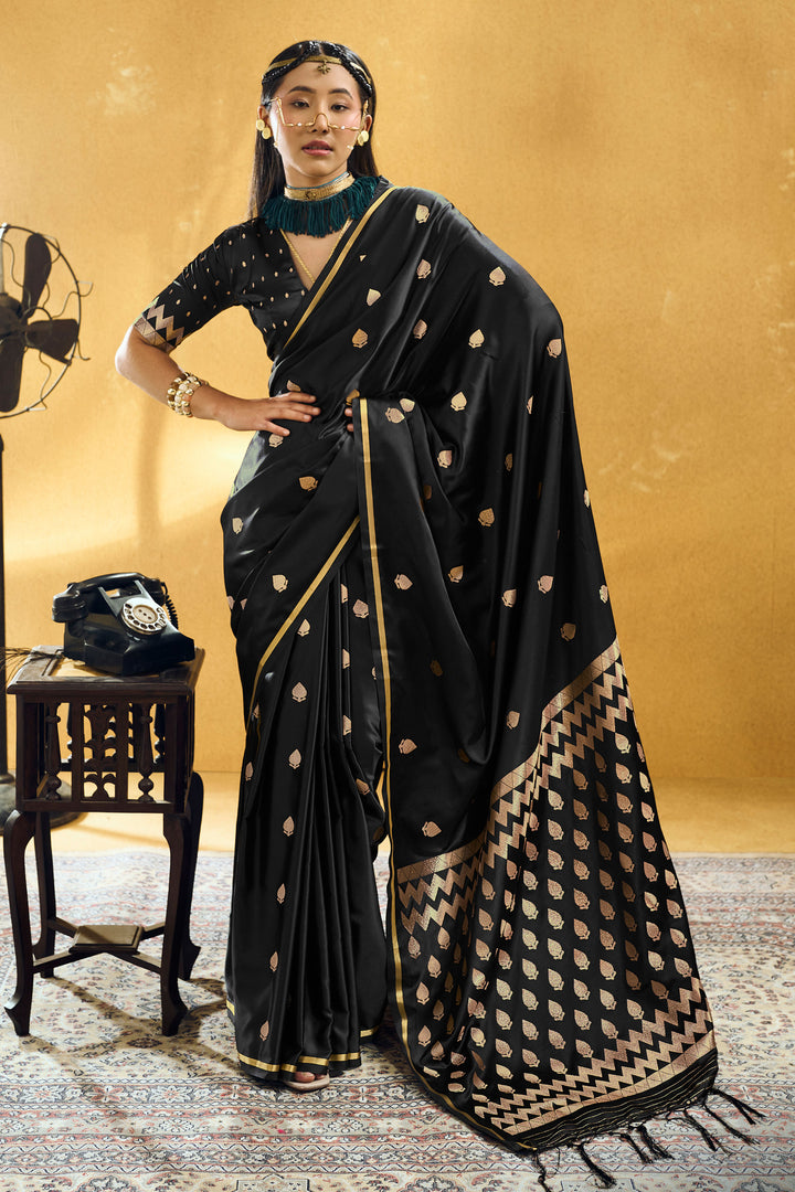 Alluring Black Color Satin Handloom Weaving Saree