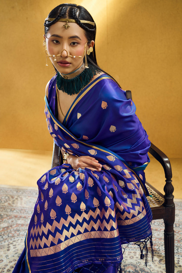 Blue Color Graceful Satin Handloom Weaving Saree