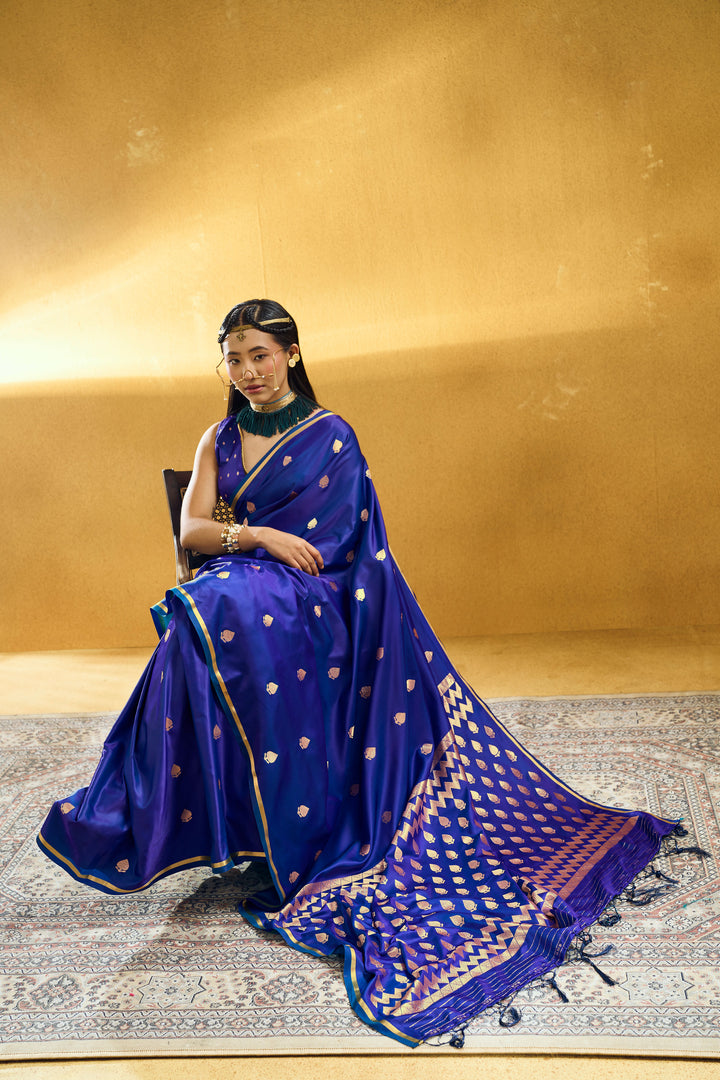 Blue Color Graceful Satin Handloom Weaving Saree