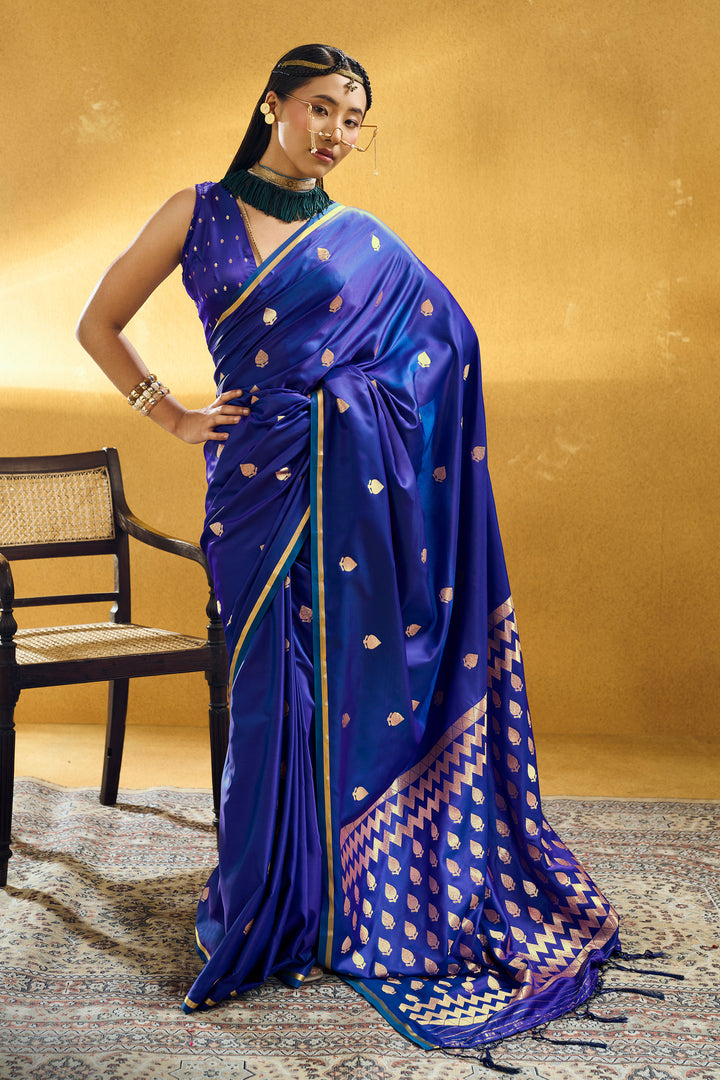 Blue Color Graceful Satin Handloom Weaving Saree