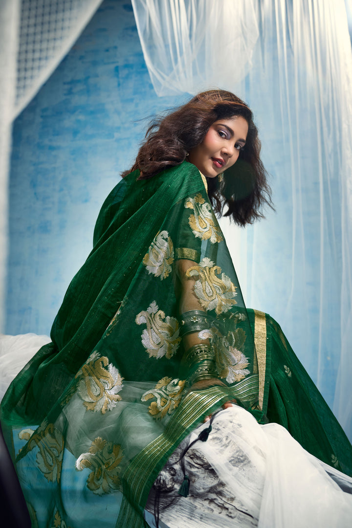 Beatific Weaving Border with Organza Pallu Green Saree