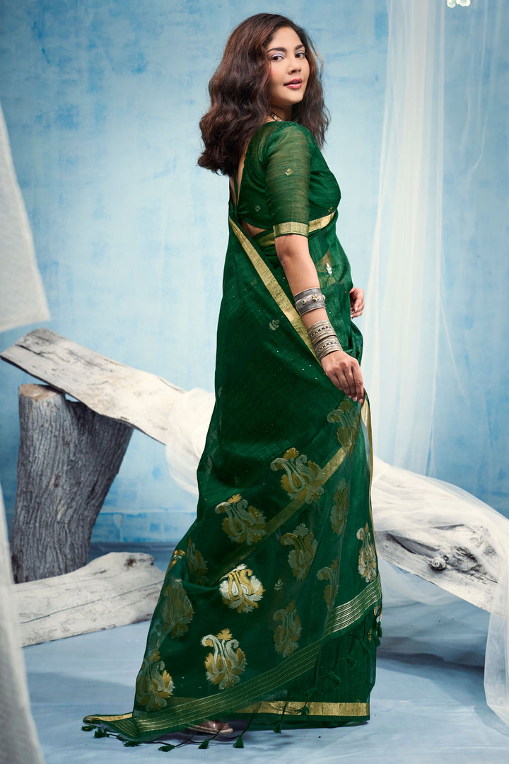 Beatific Weaving Border with Organza Pallu Green Saree