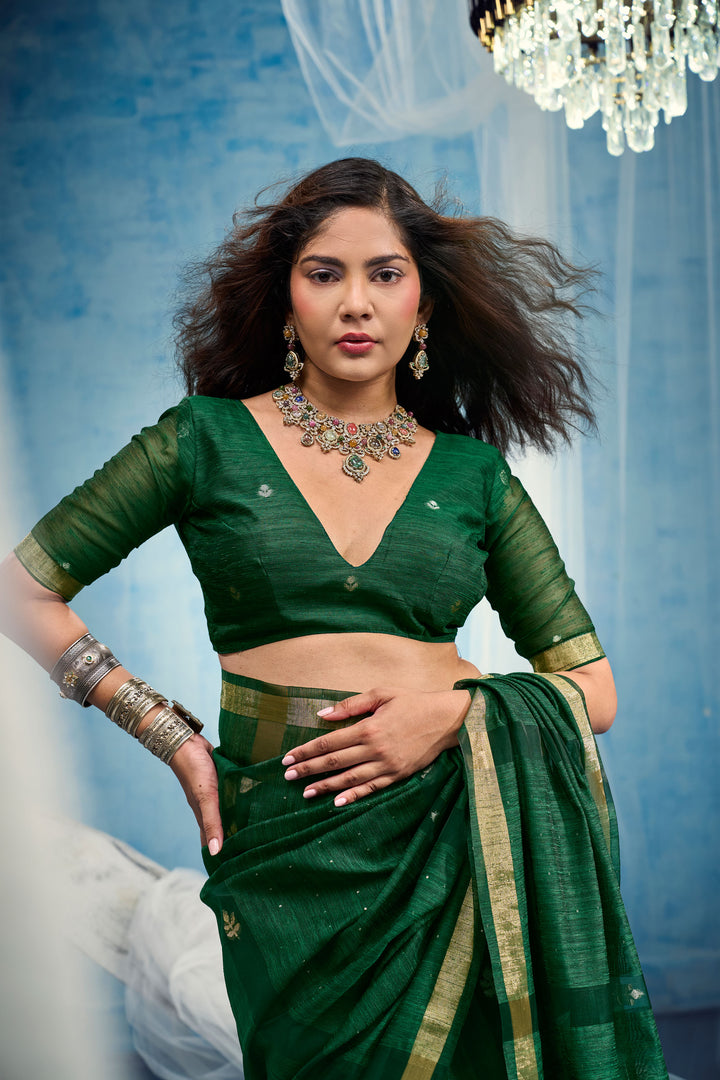 Beatific Weaving Border with Organza Pallu Green Saree