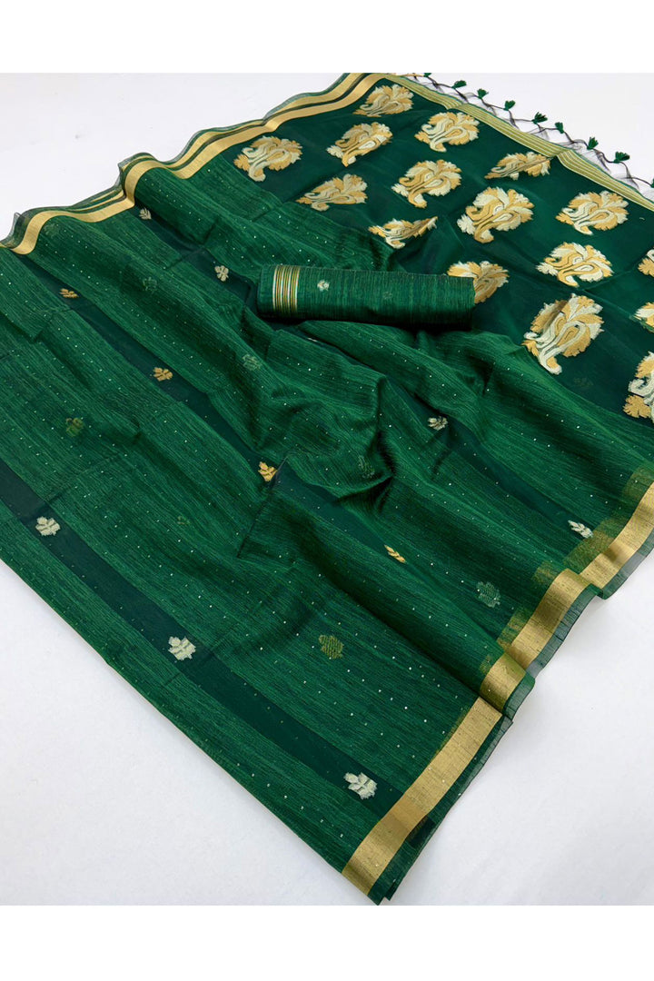 Beatific Weaving Border with Organza Pallu Green Saree