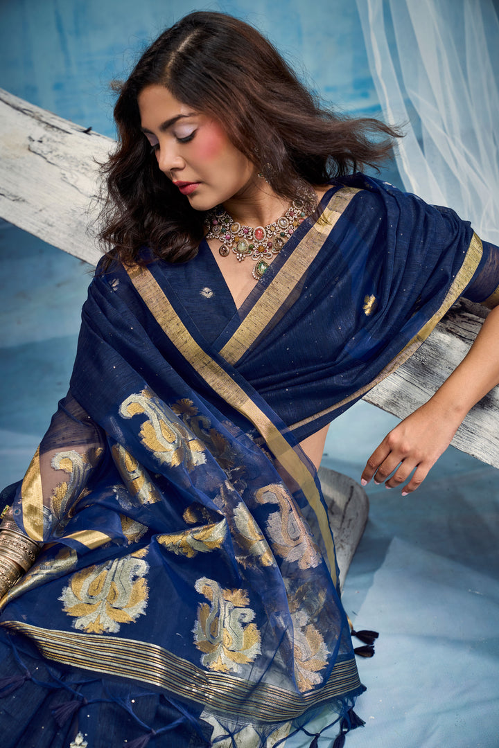 Awesome Blue Weaving Border with Organza Pallu Saree