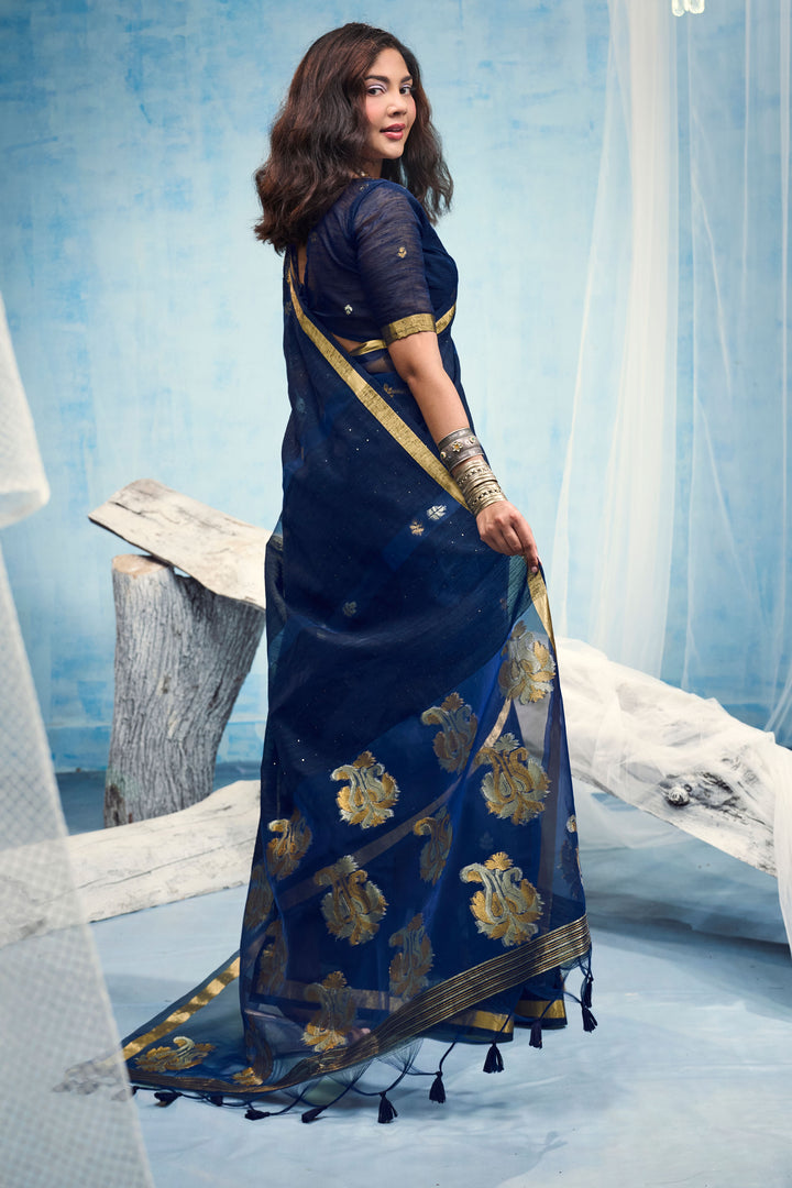 Awesome Blue Weaving Border with Organza Pallu Saree