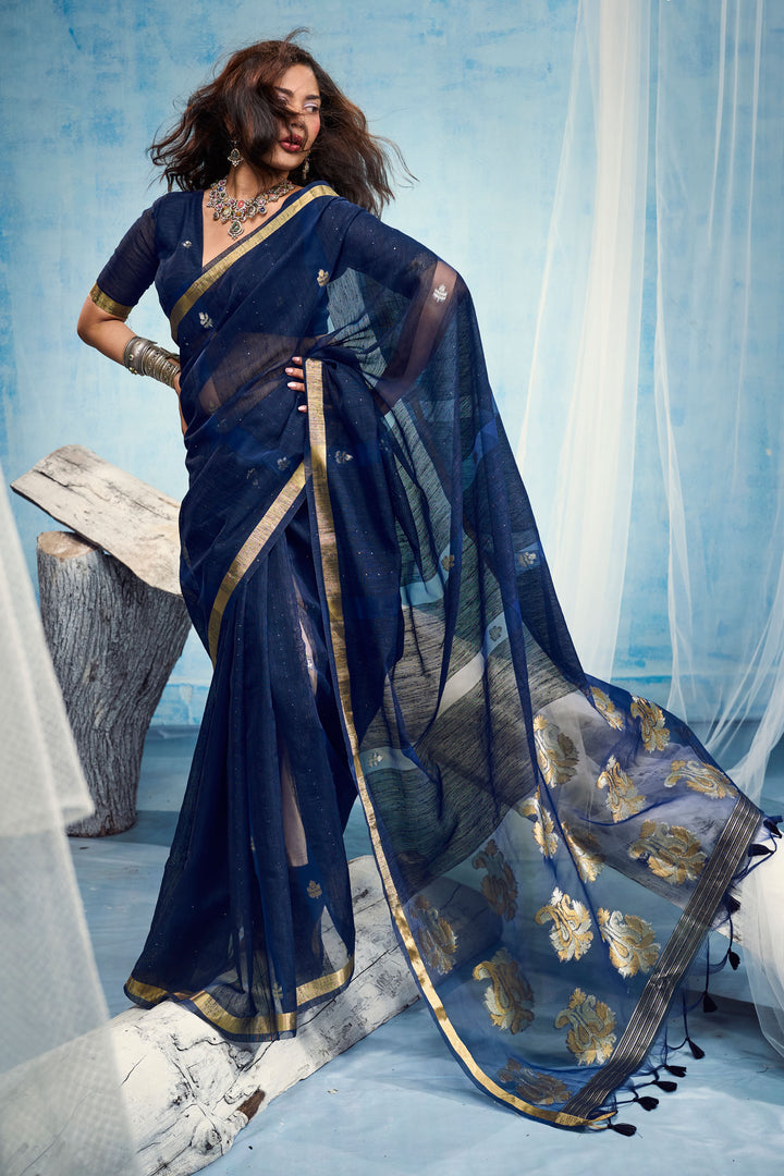 Awesome Blue Weaving Border with Organza Pallu Saree