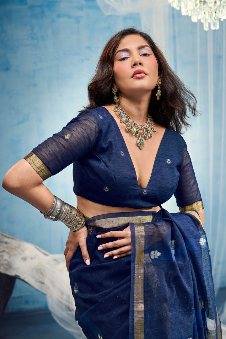 Awesome Blue Weaving Border with Organza Pallu Saree