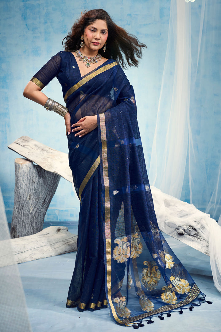 Awesome Blue Weaving Border with Organza Pallu Saree