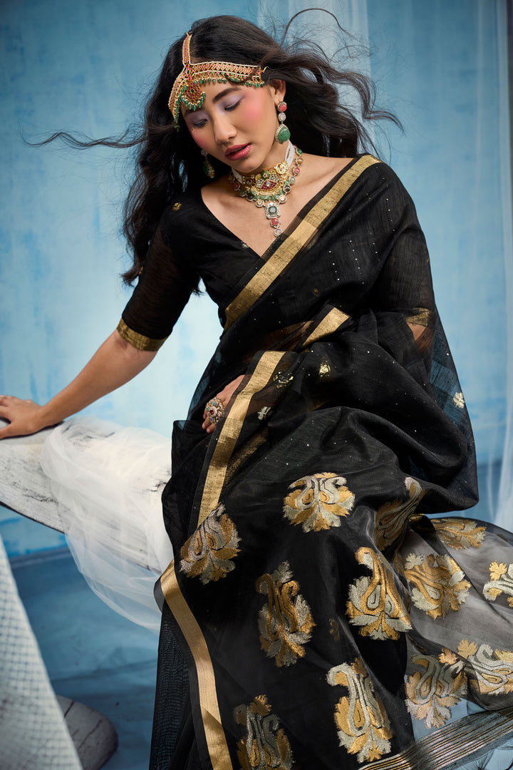 Engaging Black Color Weaving Border with Organza Pallu Saree