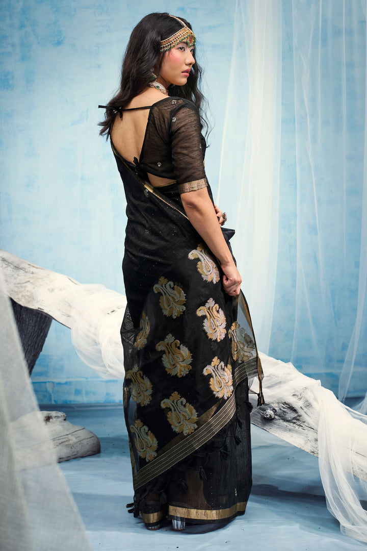 Engaging Black Color Weaving Border with Organza Pallu Saree