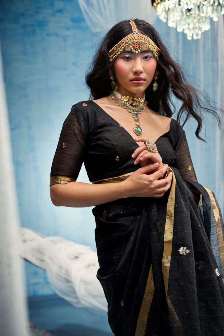 Engaging Black Color Weaving Border with Organza Pallu Saree