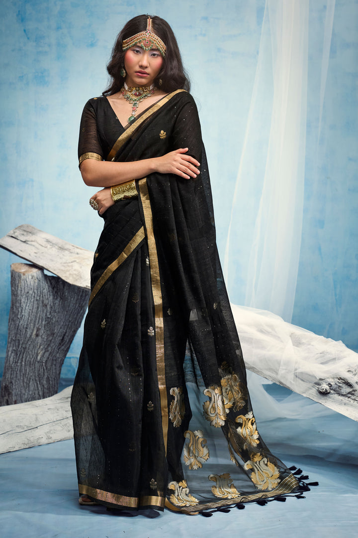 Engaging Black Color Weaving Border with Organza Pallu Saree