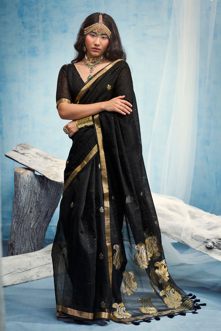 Engaging Black Color Weaving Border with Organza Pallu Saree
