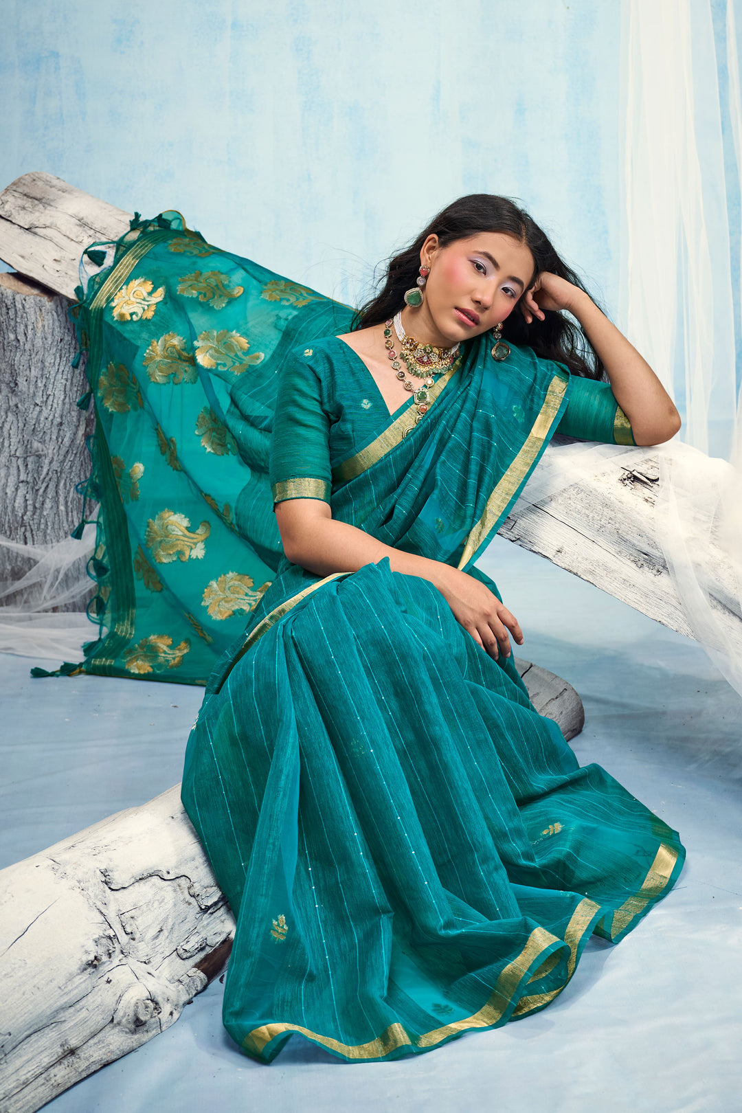 Teal Gorgeous Weaving Border with Organza Pallu Saree