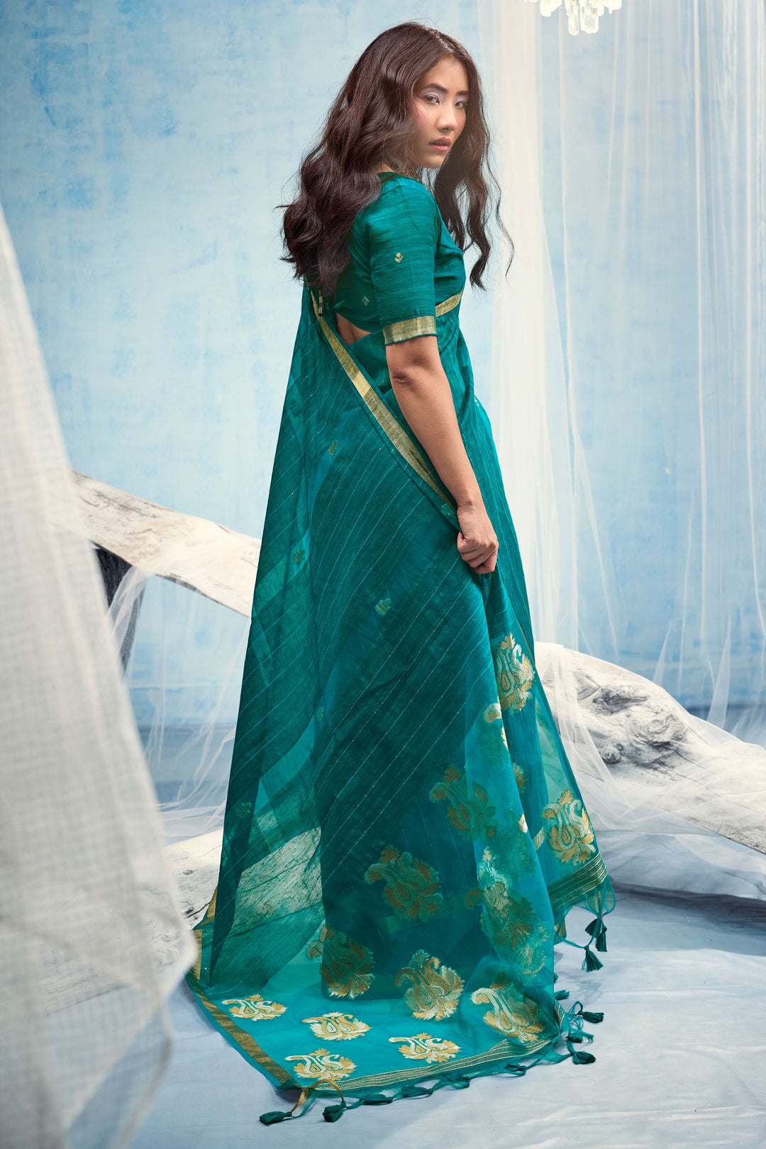 Teal Gorgeous Weaving Border with Organza Pallu Saree