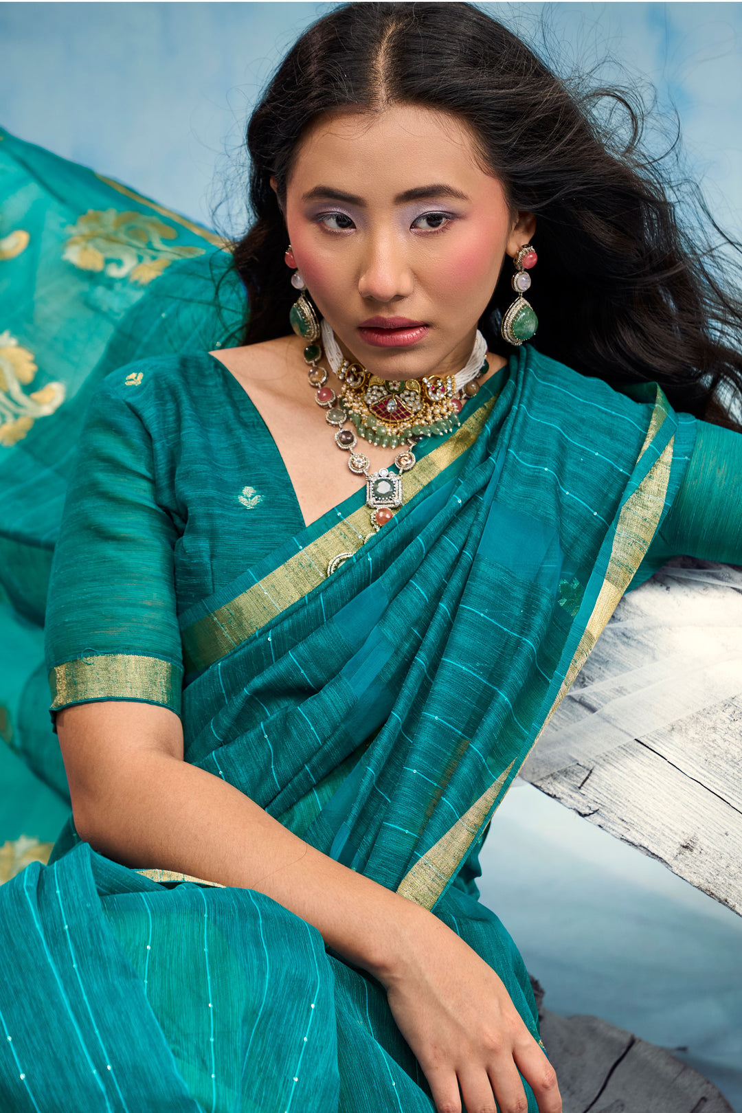 Teal Gorgeous Weaving Border with Organza Pallu Saree