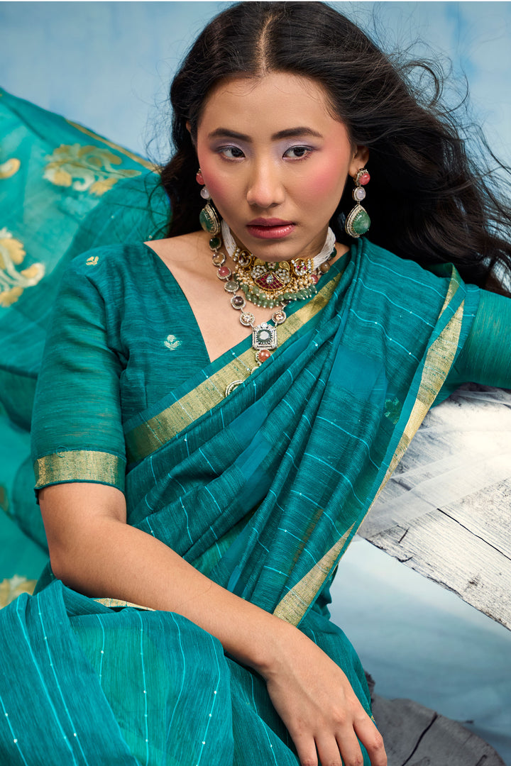 Teal Gorgeous Weaving Border with Organza Pallu Saree