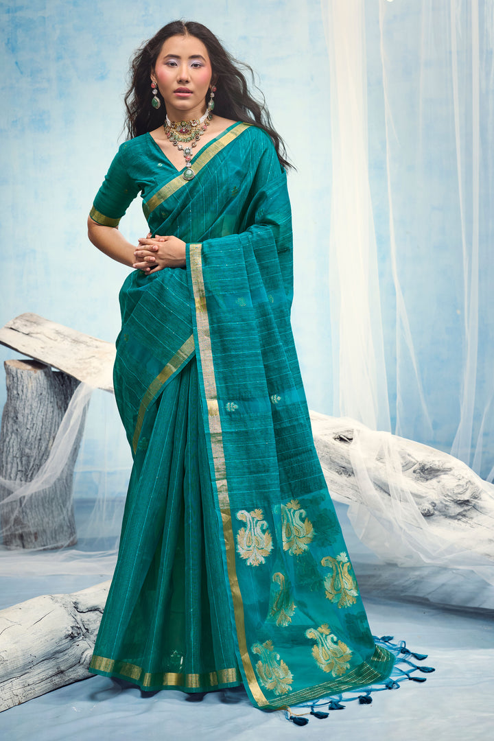 Teal Gorgeous Weaving Border with Organza Pallu Saree