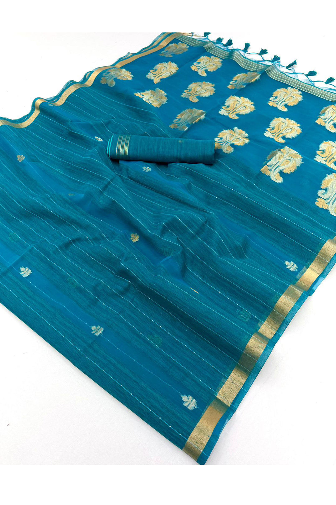 Teal Gorgeous Weaving Border with Organza Pallu Saree