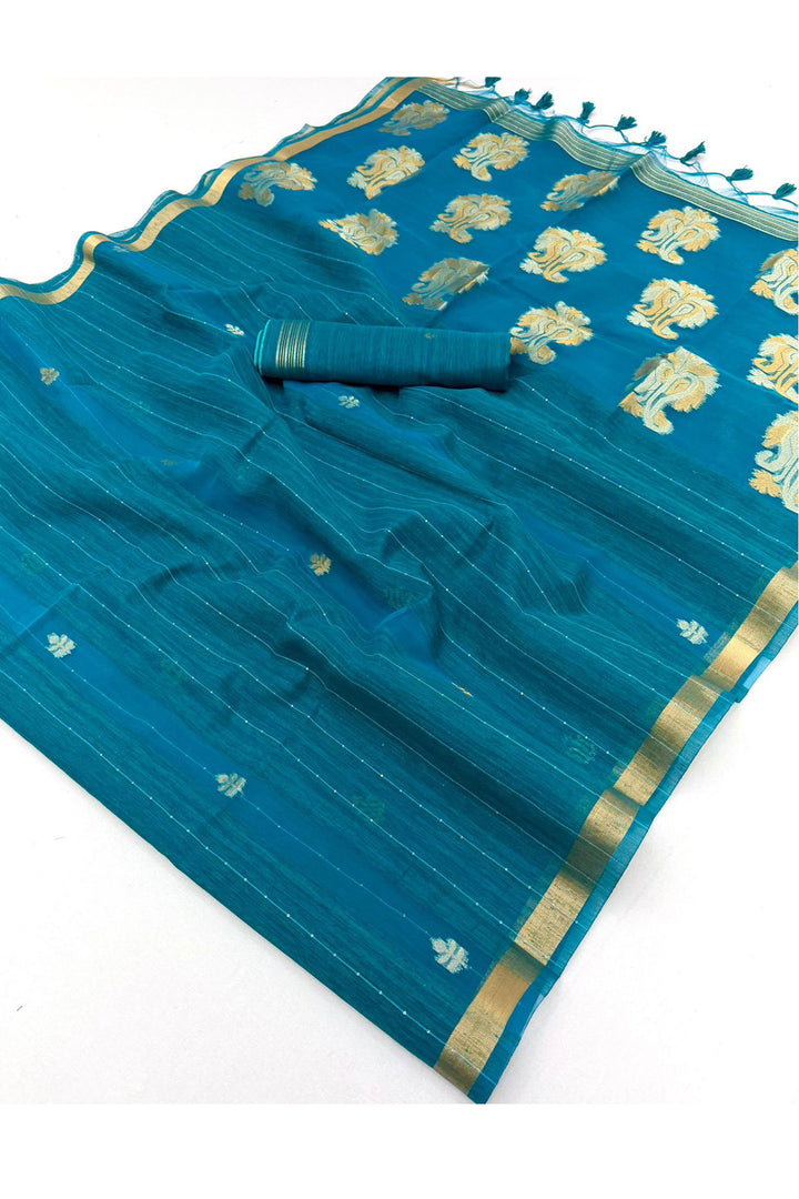 Teal Gorgeous Weaving Border with Organza Pallu Saree