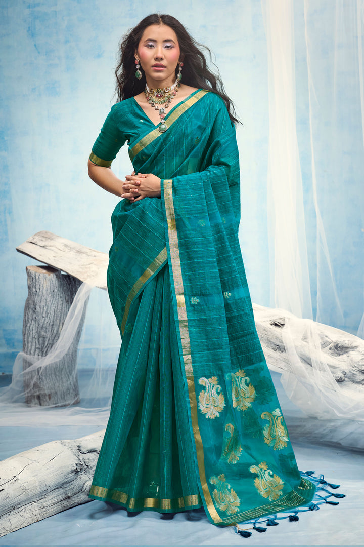 Teal Gorgeous Weaving Border with Organza Pallu Saree