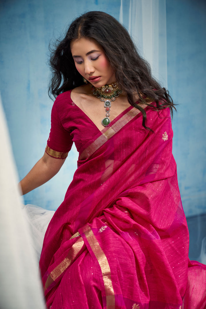 Glamorous Weaving Border with Organza Pallu Pink Saree