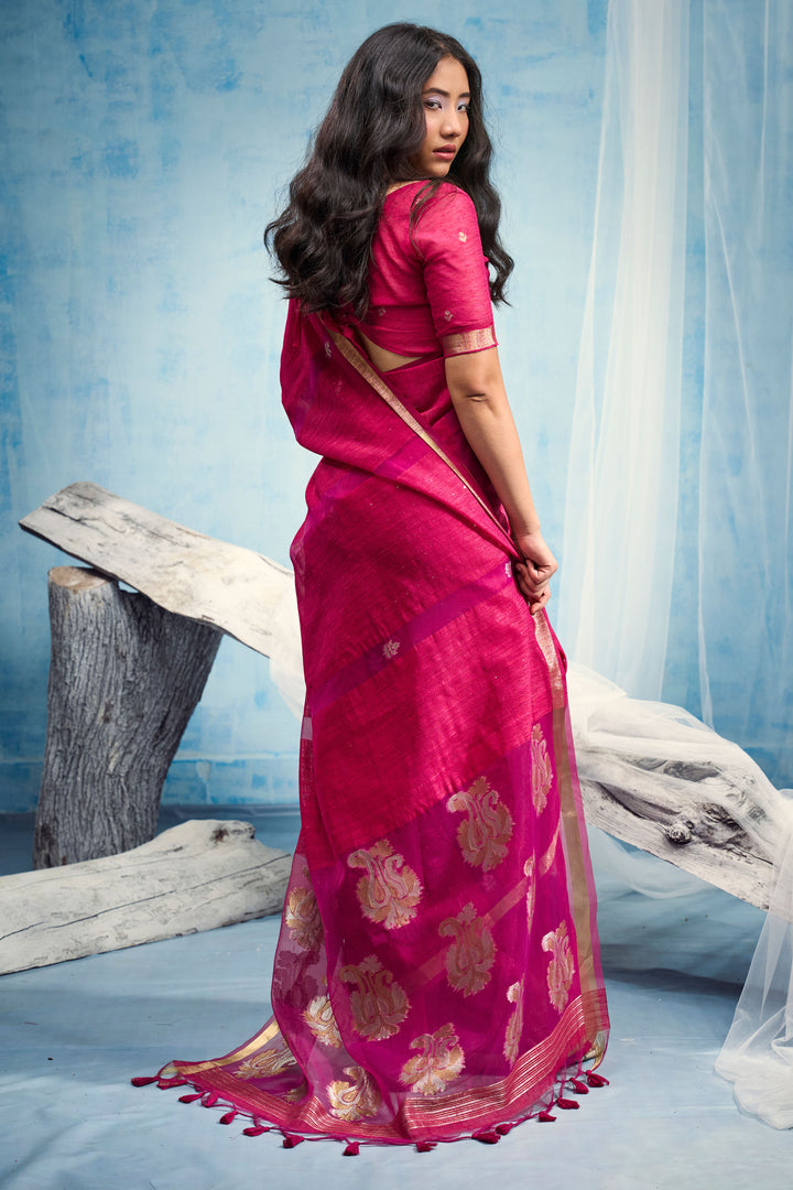 Glamorous Weaving Border with Organza Pallu Pink Saree