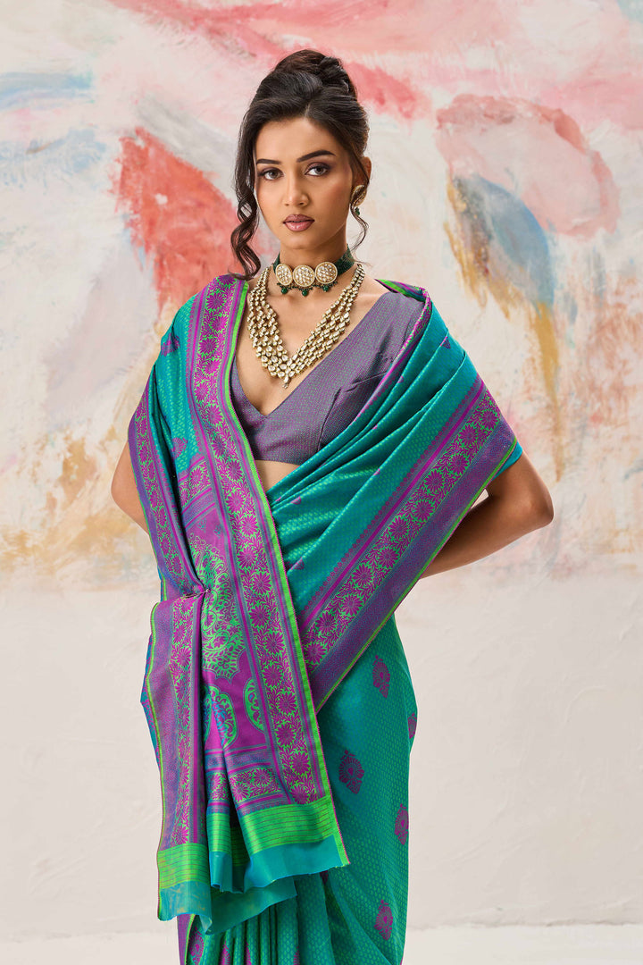 Sea Green Kanjivaram Style Silk Weaving Saree For Function Wear